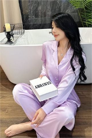 Đồ bộ ngủ nữ pyjama lụa băng trơn Shury Store Home Wear TD68 tay dài quần dài màu tím , kem mặc nhà,mặc ngủ size 45-75kg