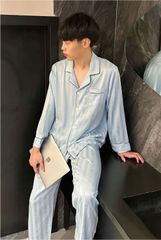Đồ ngủ pyjama nam nữ Shury Store Home Wear DD71 size 45-95kg màu xanh tay dài quần dài  bộ đôi couple chất lụa băng mềm