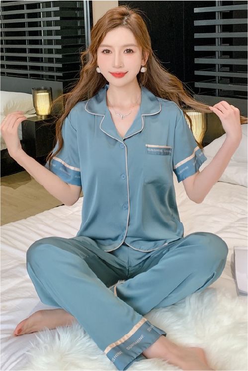 Đồ ngủ pyjama nam nữ Shury Store Home Wear CND19 size 45-95kg màu xanh tay ngắn quần dài bộ đôi couple chất lụa băng mềm
