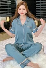Đồ ngủ pyjama nam nữ Shury Store Home Wear CND19 size 45-95kg màu xanh tay ngắn quần dài bộ đôi couple chất lụa băng mềm