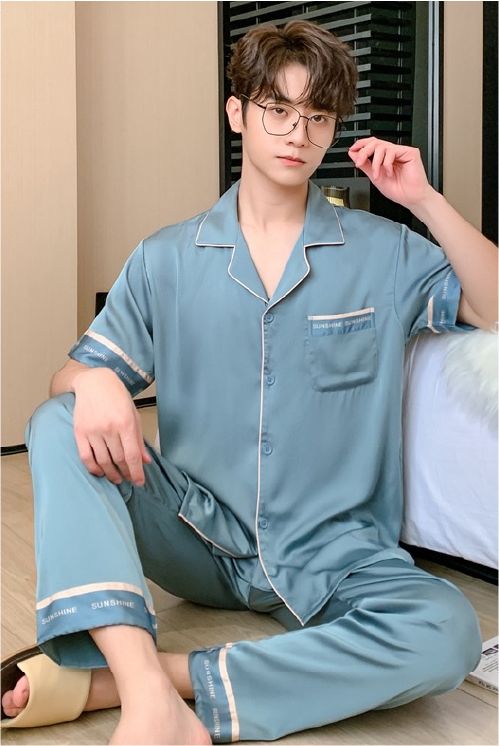 Đồ ngủ pyjama nam nữ Shury Store Home Wear CND19 size 45-95kg màu xanh tay ngắn quần dài bộ đôi couple chất lụa băng mềm