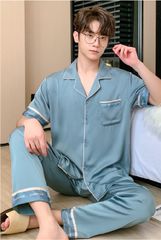 Đồ ngủ pyjama nam nữ Shury Store Home Wear CND19 size 45-95kg màu xanh tay ngắn quần dài bộ đôi couple chất lụa băng mềm