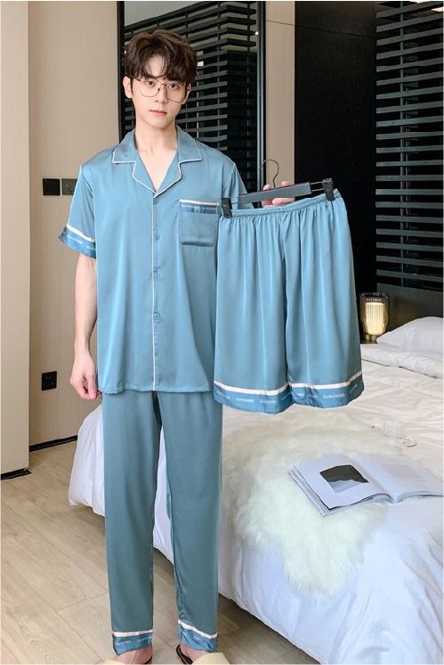 Đồ ngủ pyjama nam nữ Shury Store Home Wear CND19 size 45-95kg màu xanh tay ngắn quần dài bộ đôi couple chất lụa băng mềm
