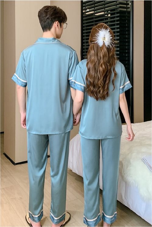 Đồ ngủ pyjama nam nữ Shury Store Home Wear CND19 size 45-95kg màu xanh tay ngắn quần dài bộ đôi couple chất lụa băng mềm