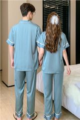 Đồ ngủ pyjama nam nữ Shury Store Home Wear CND19 size 45-95kg màu xanh tay ngắn quần dài bộ đôi couple chất lụa băng mềm