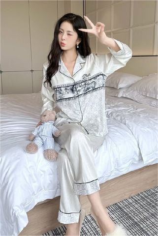 Đồ bộ ngủ nữ pyjama lụa vân xước Shury Store Home Wear TD46 tay dài quần dài màu trắng size 45-75kg