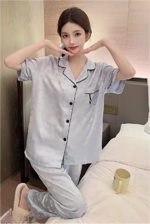 Đồ bộ ngủ nữ pyjama lụa băng Shury Store Home Wear TN16 tay ngắn quần dài màu xanh size 45-75 kg