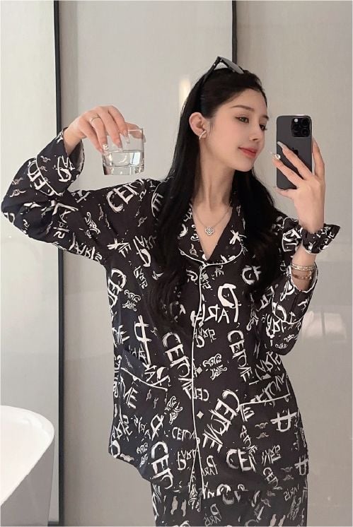 Đồ bộ ngủ nữ pyjama lụa băng trơn Shury Store Home Wear TD05 tay dài quần dài màu trắng đen mặc nhà,mặc ngủ size 45-75kg