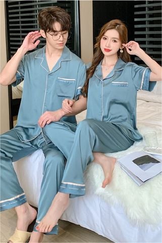 Đồ ngủ pyjama nam nữ Shury Store Home Wear CND19 size 45-95kg màu xanh tay ngắn quần dài bộ đôi couple chất lụa băng mềm
