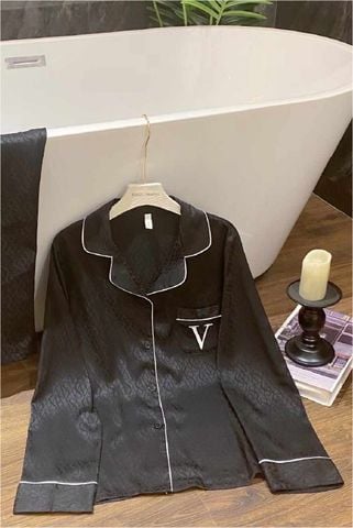 Đồ bộ ngủ nữ pyjama lụa băng trơn Shury Store Home Wear TD40 tay dài quần dài màu đen mặc nhà,mặc ngủ size 45-75kg