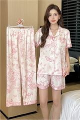 Đồ bộ ngủ nữ Pyjama lụa băng Shury Store Home Wear TN43 tay ngắn quần dài tặng kèm quần ngắn size 45-75 kg mặc nhà