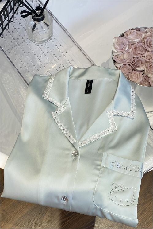 Đồ bộ ngủ nữ pyjama lụa băng trơn Shury Store Home Wear TD39 tay dài quần dài màu xanh xanh mặc nhà,mặc ngủ size 45-75kg