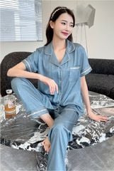 Đồ ngủ pyjama nam nữ Shury Store Home Wear CND22 size 45-95kg màu xanh tay ngắn quần dài bộ đôi couple chất lụa xước mềm