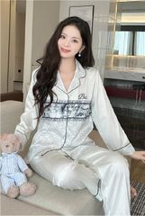Đồ bộ ngủ nữ pyjama lụa vân xước Shury Store Home Wear TD46 tay dài quần dài màu trắng size 45-75kg