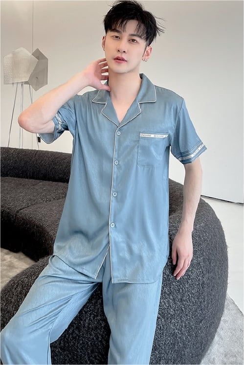 Đồ ngủ pyjama nam nữ Shury Store Home Wear CND22 size 45-95kg màu xanh tay ngắn quần dài bộ đôi couple chất lụa xước mềm