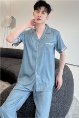 Đồ ngủ pyjama nam nữ Shury Store Home Wear CND22 size 45-95kg màu xanh tay ngắn quần dài bộ đôi couple chất lụa xước mềm
