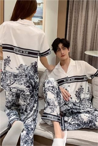 Đồ bộ ngủ Pyjama lụa vân xước tay ngắn quần dài couple CND3