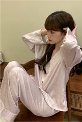 Đồ bộ ngủ nữ pyjama lụa băng trơn Shury Store Home Wear TD64 tay dài quần dài mặc nhà size 45-75kg
