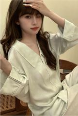 Đồ bộ ngủ nữ pyjama lụa băng trơn Shury Store Home Wear TD64 tay dài quần dài mặc nhà size 45-75kg