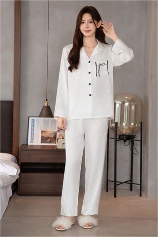 Đồ bộ ngủ nữ pyjama lụa băng trơn Shury Store Home Wear TD53 tay dài quần dài màu trắng  mặc nhà,mặc ngủ size 45-75kg