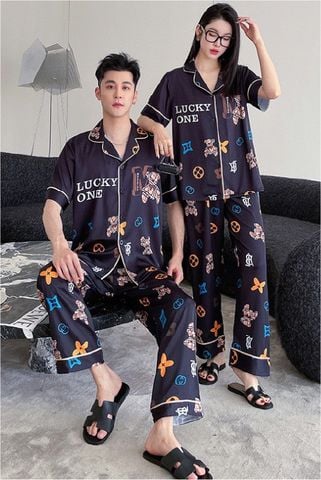 Đồ ngủ pyjama nam nữ Shury Store Home Wear CND27 size 45-95kg màu xanh tay ngắn  bộ đôi couple lụa