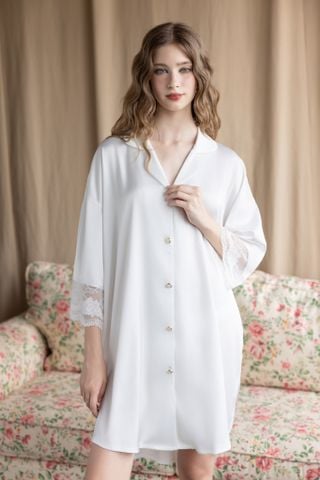 Váy ngủ lụa băng phối ren freesize 45–75kg SM30 | Shury Store Home Wear | Đầm ngủ cao cấp dài 90cm