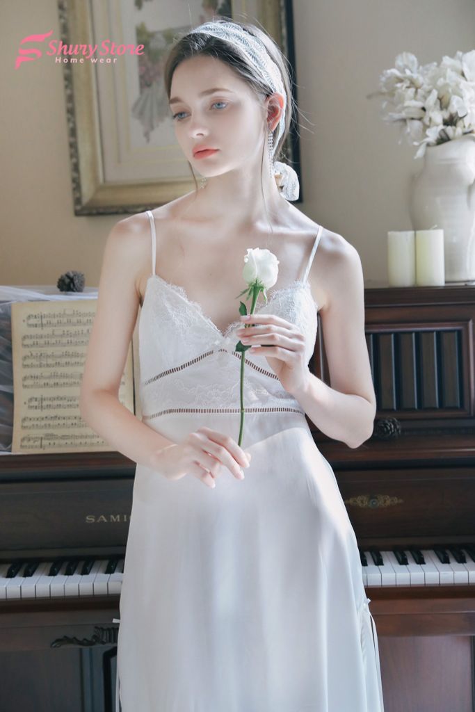 Đầm ngủ lụa thiết kế cao cấp 2 dây trắng
