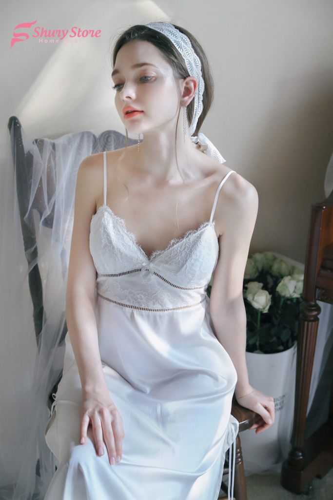 Đầm ngủ lụa thiết kế cao cấp 2 dây trắng