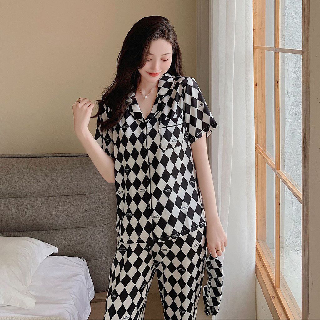 Đồ bộ ngủ Pyjama lụa tơ tằm tay ngắn quần dài couple CND9