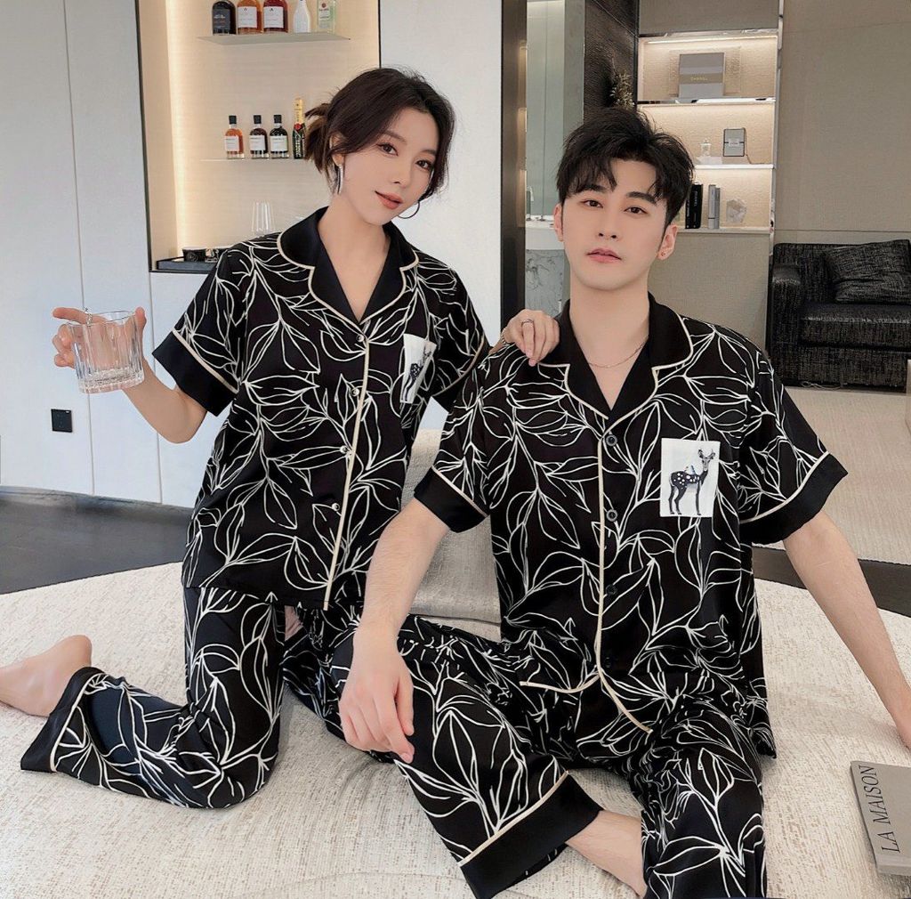 Đồ bộ ngủ Pyjama lụa tơ tằm tay ngắn quần dài couple CND01