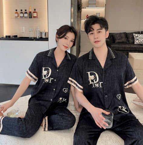 Đồ bộ ngủ Pyjama lụa tơ tằm tay ngắn quần dài couple CND02