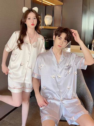 Đồ bộ ngủ Pyjama lụa vân xước tay ngắn quần ngắn couple CTN30