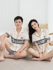 Đồ bộ ngủ Pyjama lụa vân xước tay ngắn quần ngắn couple CTN13