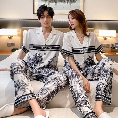 Đồ bộ ngủ Pyjama lụa vân xước tay ngắn quần dài couple CND3