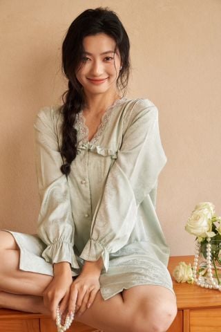 Váy ngủ sơmi lụa in hình SM19 Shury Store freesize đầm mặc nhà suông rộng mềm mại thoáng mát cao cấp