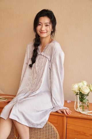 Váy ngủ sơmi lụa in hình SM19 Shury Store freesize đầm mặc nhà suông rộng mềm mại thoáng mát cao cấp