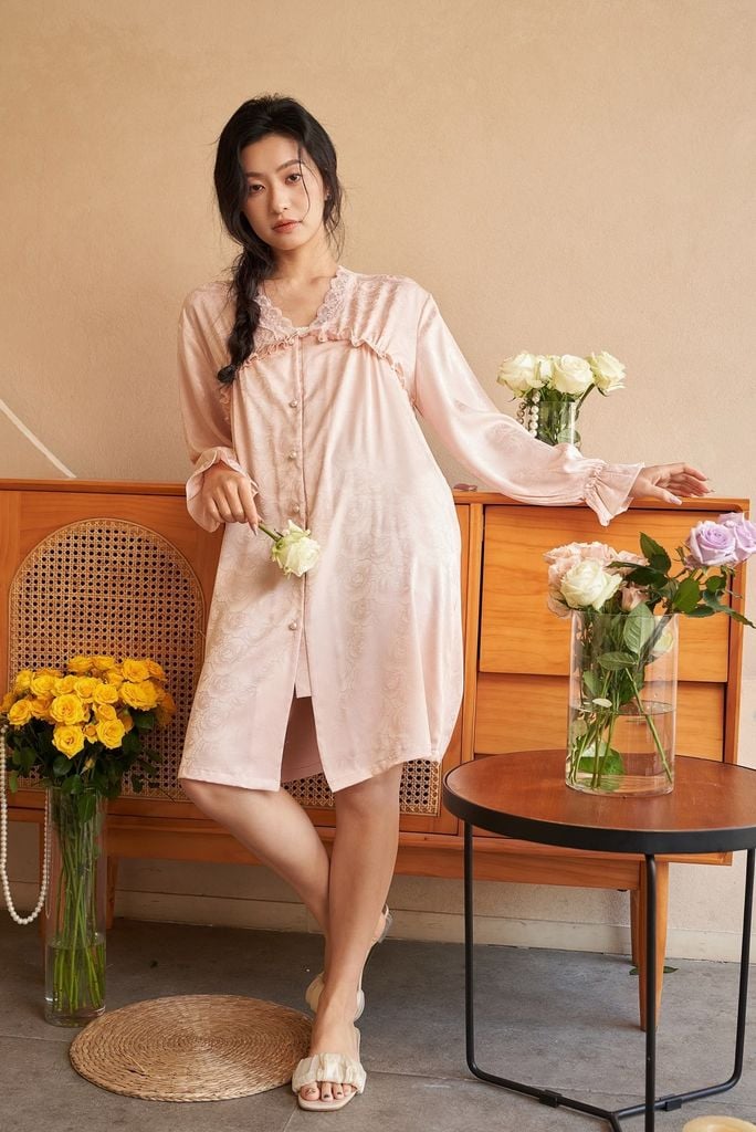 Váy ngủ sơmi lụa in hình SM19 Shury Store freesize đầm mặc nhà suông rộng mềm mại thoáng mát cao cấp