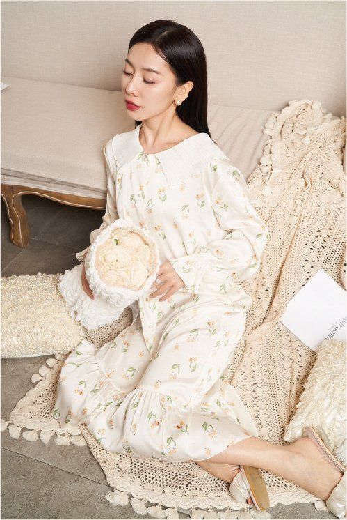 Váy ngủ sơmi lụa in hình SM29 Shury Store freesize đầm mặc nhà suông rộng mềm mại thoáng mát cao cấp