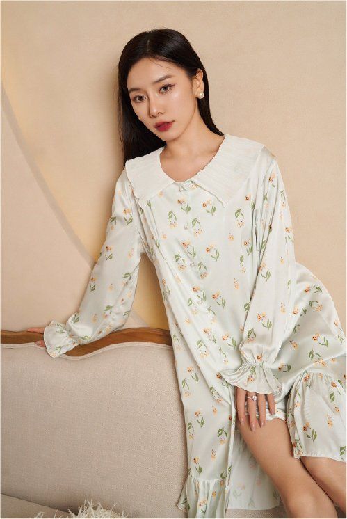 Váy ngủ sơmi lụa in hình SM29 Shury Store freesize đầm mặc nhà suông rộng mềm mại thoáng mát cao cấp