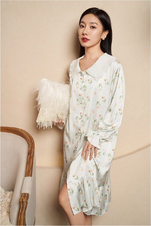Váy ngủ sơmi lụa in hình SM29 Shury Store freesize đầm mặc nhà suông rộng mềm mại thoáng mát cao cấp