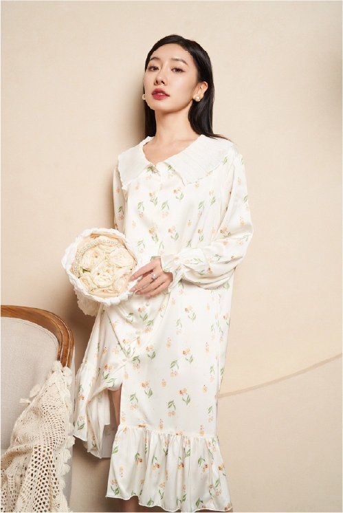 Váy ngủ sơmi lụa in hình SM29 Shury Store freesize đầm mặc nhà suông rộng mềm mại thoáng mát cao cấp