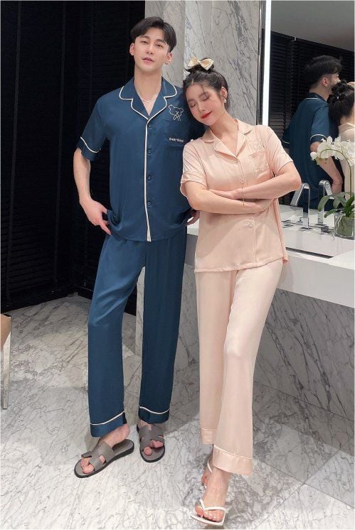 Đồ ngủ đôi Shury Store- CND16 nam nữ đồ bộ ngủ Pyjama couple tay ngắn quần dài chất lụa băng cao cấp