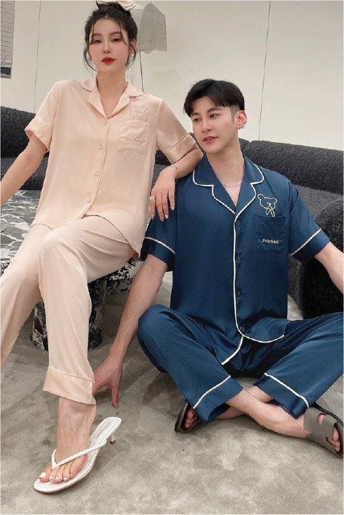 Đồ ngủ đôi Shury Store- CND16 nam nữ đồ bộ ngủ Pyjama couple tay ngắn quần dài chất lụa băng cao cấp