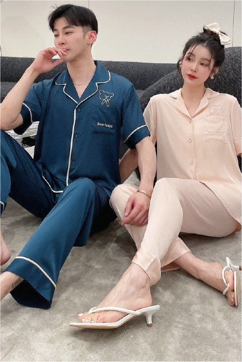 Đồ ngủ đôi Shury Store- CND16 nam nữ đồ bộ ngủ Pyjama couple tay ngắn quần dài chất lụa băng cao cấp