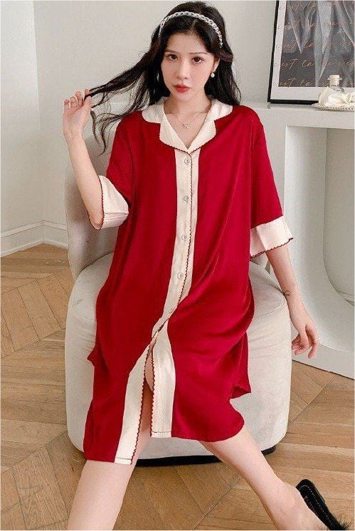 Váy ngủ sơmi lụa in hình SM15 Shury Store freesize đầm mặc nhà suông rộng mềm mại thoáng mát cao cấp