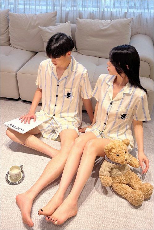 Đồ ngủ đôi Shury Store CTN06 nam nữ đồ bộ ngủ Pyjama couple tay ngắn quần ngắn chất lụa băng cao cấp