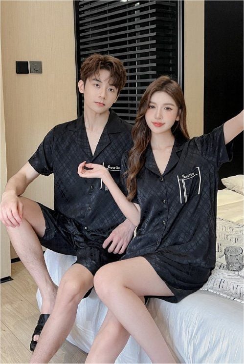 Đồ ngủ đôi Shury Store CTN03 nam nữ đồ bộ ngủ Pyjama couple tay ngắn quần ngắn chất lụa băng cao cấp