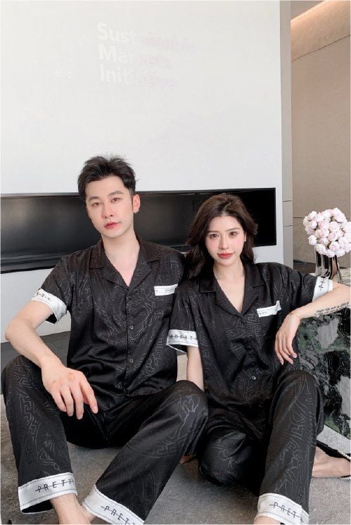 Đồ ngủ đôi Shury Store- CND15 nam nữ đồ bộ ngủ Pyjama couple tay ngắn quần dài chất lụa băng cao cấp