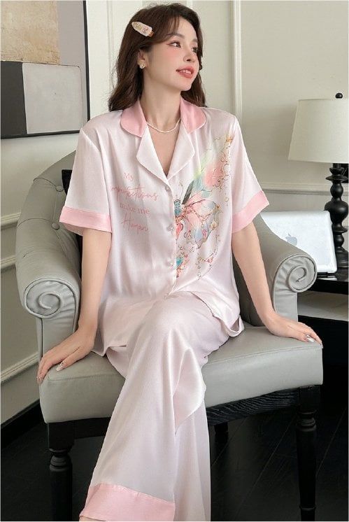 Đồ bộ ngủ nữ Pyjama lụa gân Shury Store tay ngắn quần dài mặc nhà , mặc ngủ TN06 có size 45-75 kg