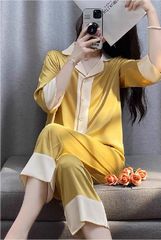 Bộ pyjama lụa dài tay TD69 phối viền sang trọng – Shury Store Home Wear – mềm mát, mặc nhà cao cấp